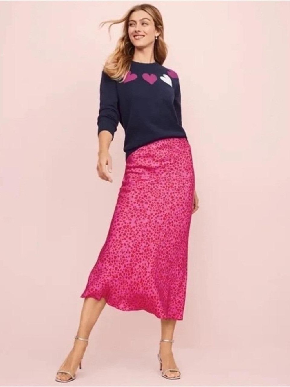 LOFT Heart Jacquard Bias Pink hearts  Midi Satin Skirt